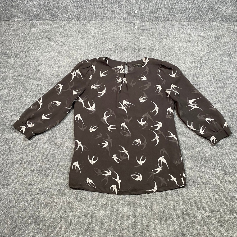 Banana Republic Womens XS‎ Brown Bird Print Chiffon 3/4 Sleeve Keyhole Blouse